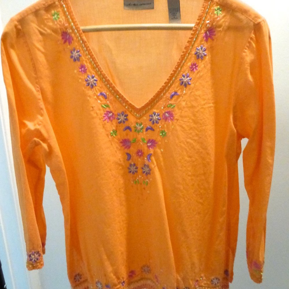 i.e.Relaxed Orange Indian women's cotton beaded sequined embroidered blouse